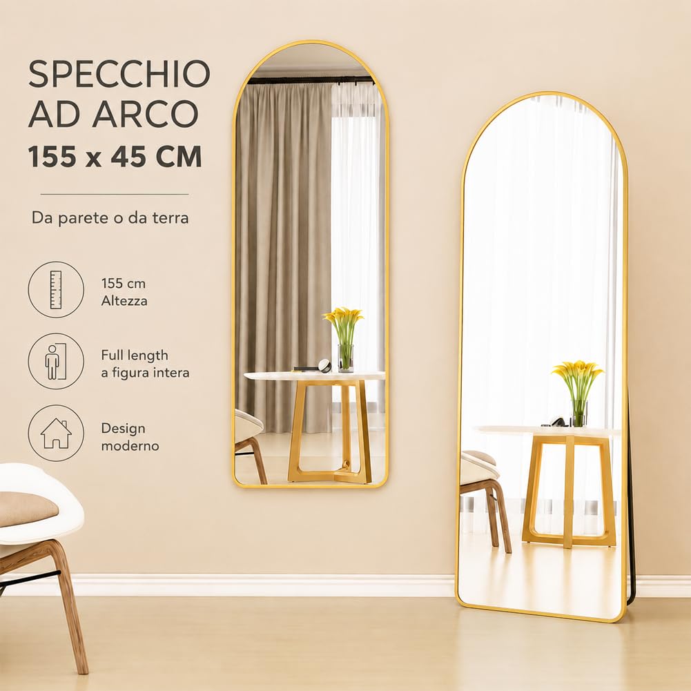 Shally Dogan Specchio da Terra e da Muro ad Arco, Stand Autoportante Indipendente e da Parete, Decorazione Interna, Design Minimal, Figura Intera e Cornice in Alluminio, 155 x 45 cm