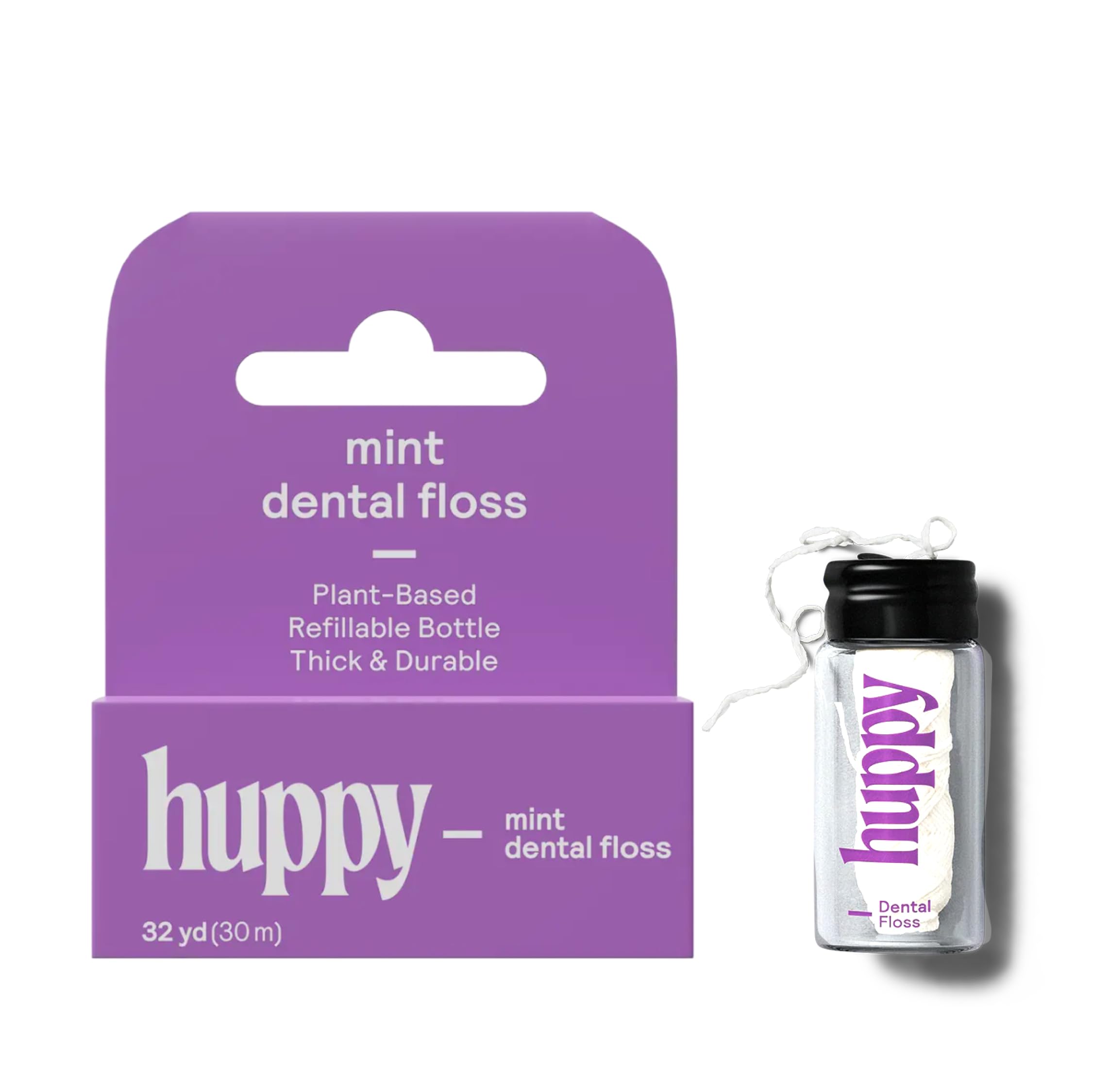 HUPPY Plastic-Free Vegan Dental Floss Compostable Corn-Starch Candelilla Wax Floss in Refillable Glass Jar Peppermint Scent Strong Gentle