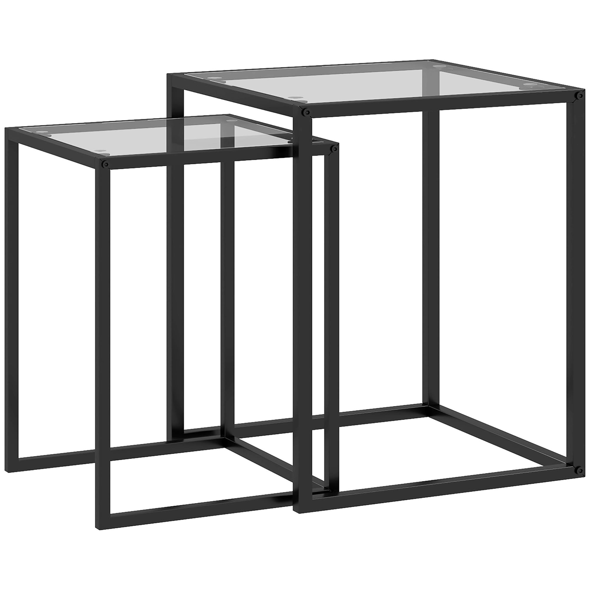 HOMCOM Conjunto de 2 Mesas Auxiliares Cuadradas Juego de Mesas de Centro Apilables con Encimera de Vidrio Templado y Marco de Acero para Salón 33x33x45,5 cm y 42x42x51 cm Negro