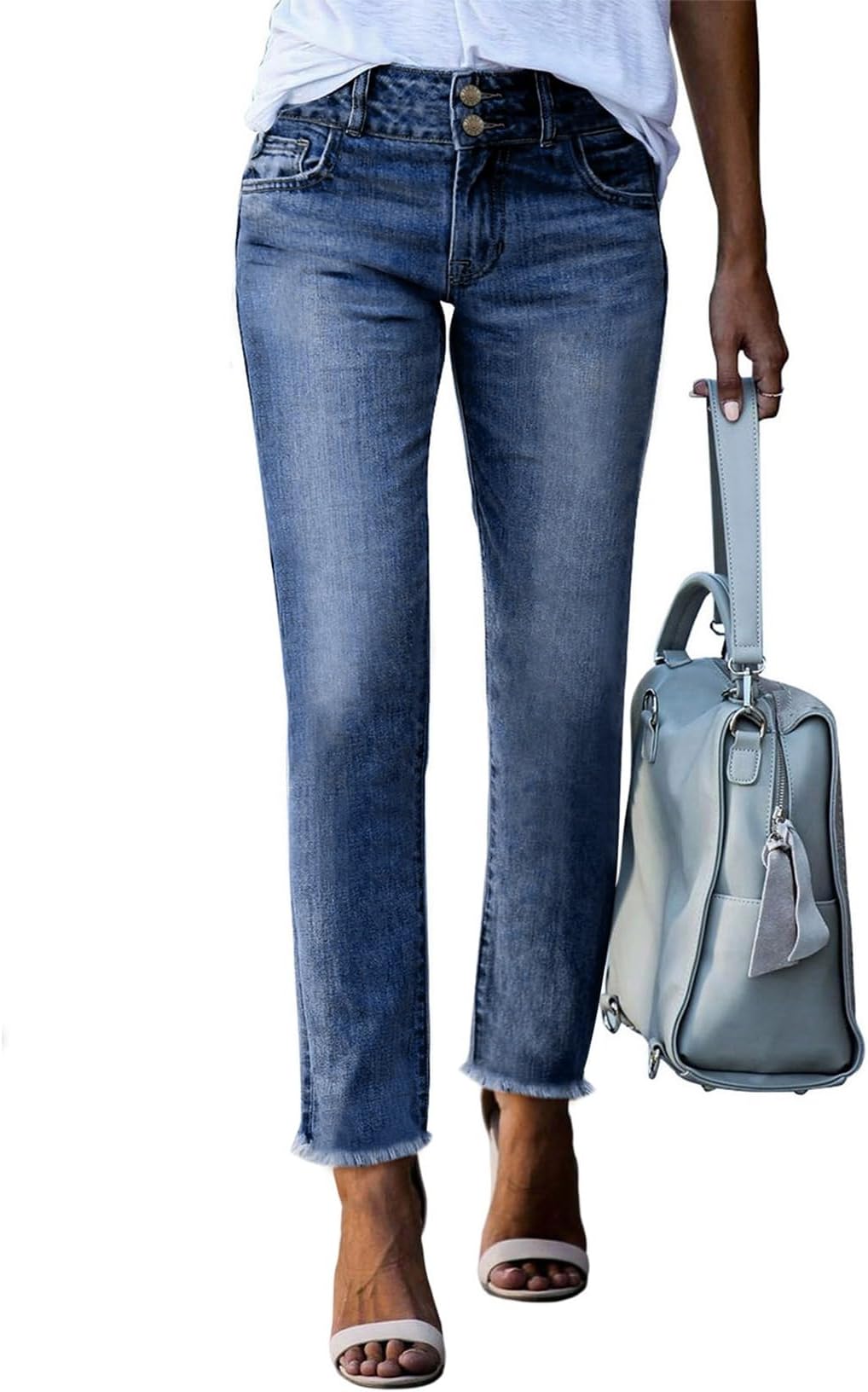 Women's High Waisted Jeans Strechy Fashion Raw Hem Straight Leg Ankle Denim Pants with Pockets
