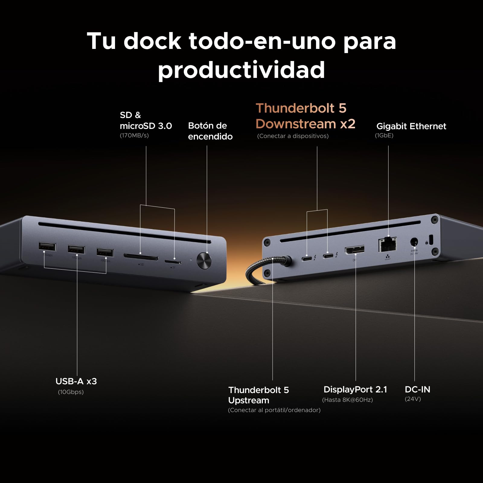 UGREEN Maxidok Thunderbolt 5 Docking Station USB C 10 en 1 Doble Pantalla | 2 TBT5, 120Gbps, 1 DisplayPort 8K60Hz, Múltiples USB-A 3.2 10Gbps, RJ45 Gigabit, Lector SD TF 4.0, M.2 SSD, 110W Máx Carga