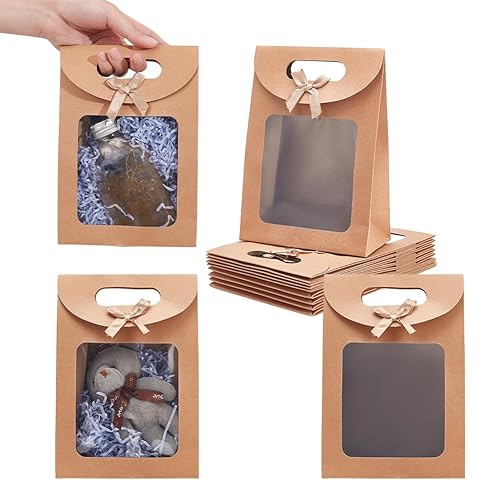 NBEADS 12 bolsas de papel kraft con ventana, 2.8 x 7.8 x 7.7 pulgadas, bolsa de regalo de pie con asas, bolsa de regalo marrón con ventana