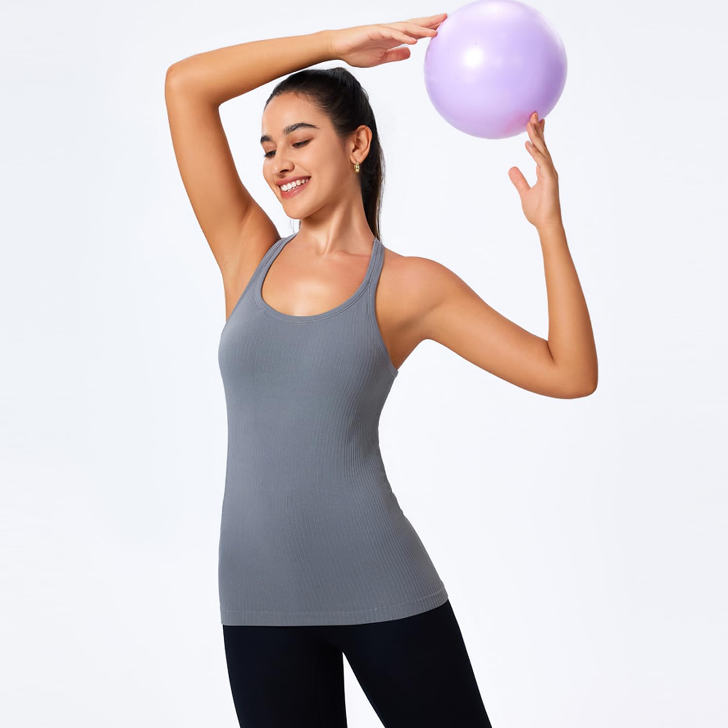 Evercute Canotte da allenamento da donna a costine con reggiseno integrato Racerback senza cuciture crop canotte sportive
