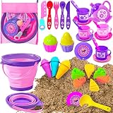 GIDGOD 33pcs Ice Cream Cake Beach Sand Toys Set for Kids,Collapsible Sand Bucket and Teapot Set Mesh