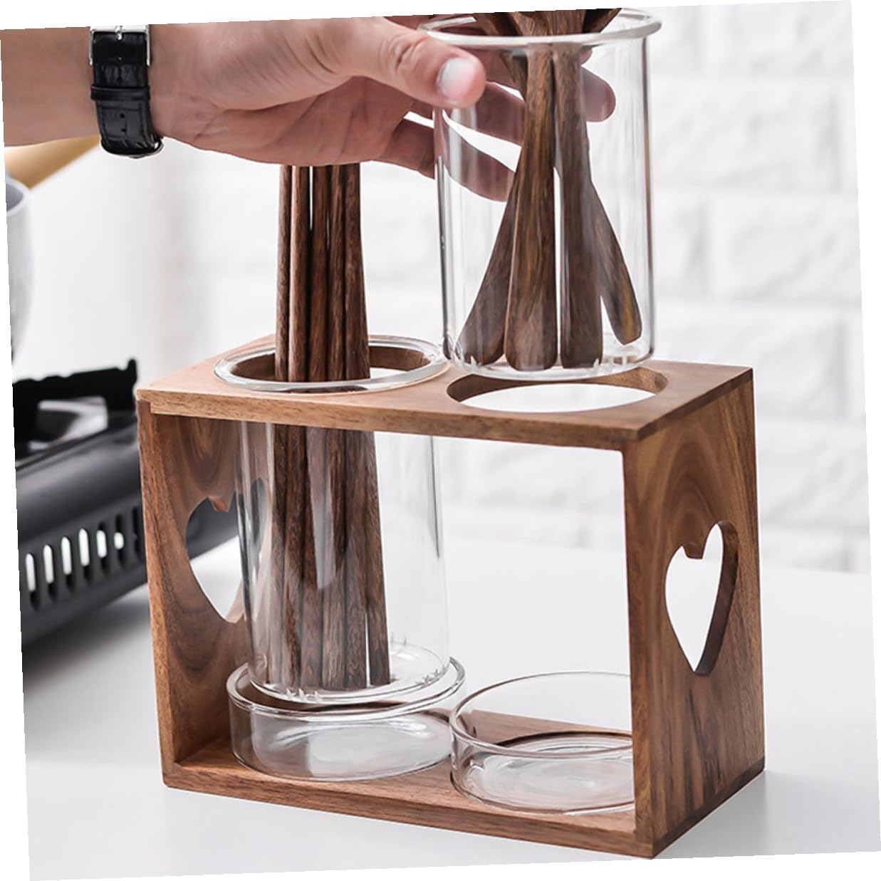 Cabilock Wooden Chopsticks Holder with Glass Draining Cups and Acacia Base, Kitchen Utensil Rack for Home and Restaurant, Cutlery Storage Organizer for Tableware Drying and Storage