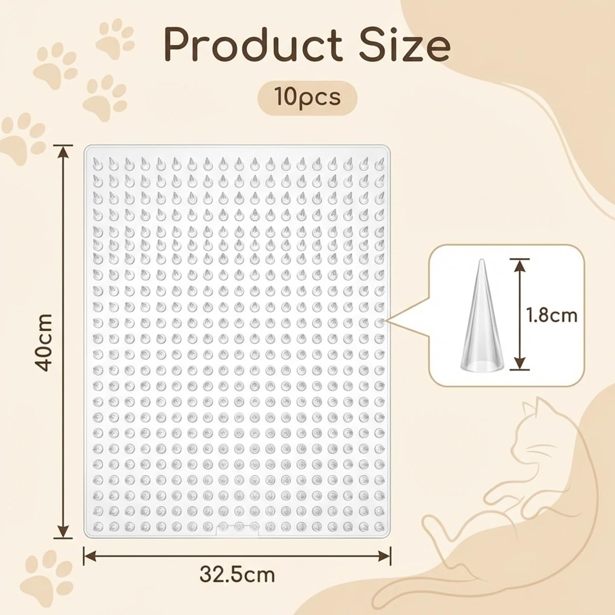 10PCS Pinchos Anti Gatos 32,5 x 40 cm, Alfombrilla Anti-Gatos con púas de Plástico, Pinchos para Gatos Transparente para Interiores y Exteriores con Adhesivo, para Jardín, Balcón y Césped