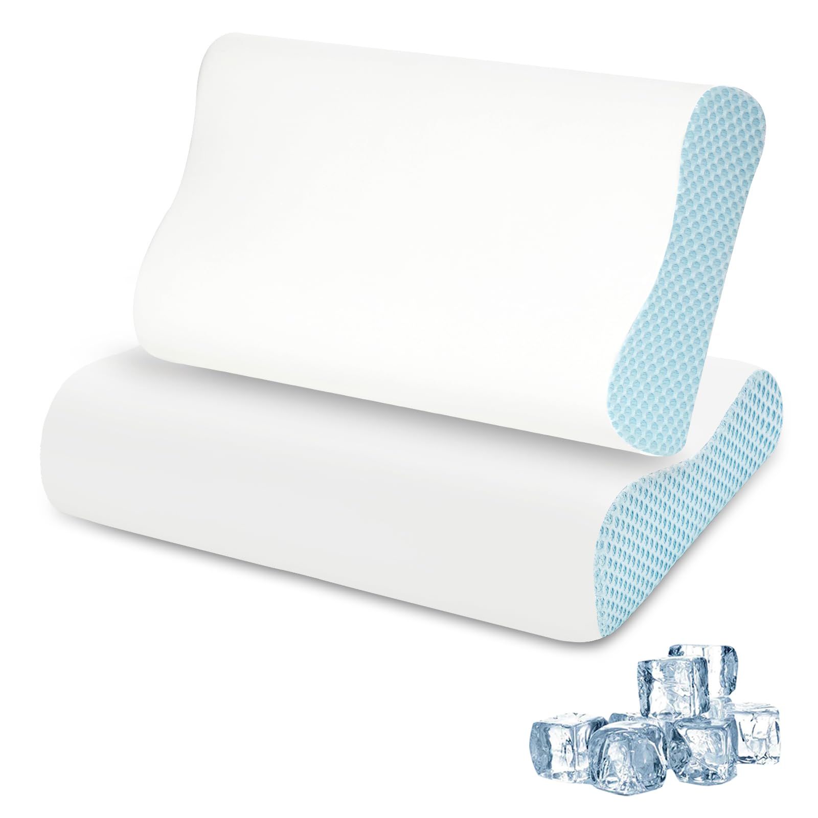 2 Pack Memory Foam Cooling Bed Pillows for Sleeping, Ergonomic Cervical Pillow for Neck and Shoulder Pain Relief, Adjustable Cold Pillow Set of 2,with Pillowcase?Blue?