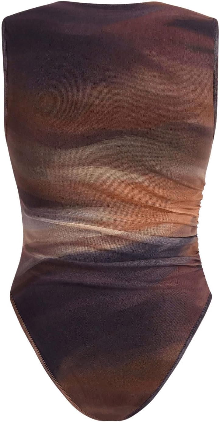 WDIRARA Women's Tie-Dye Cowl Neck Sleeveless Ruched Mesh Slim Fit Bodysuit - Image 6