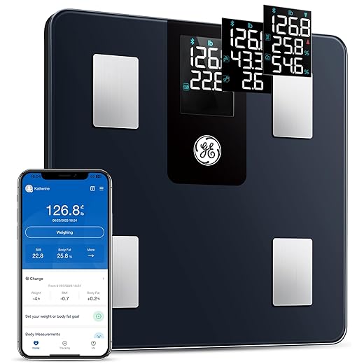 GE Smart Scale for Body Weight BMI Fat Muscle Mass with 14 Body Composition Metrics & All-in-one LCD Display, Digital Bathroom Weight Scales Bluetooth with App, Accurate Weighing Machine 400 lbs