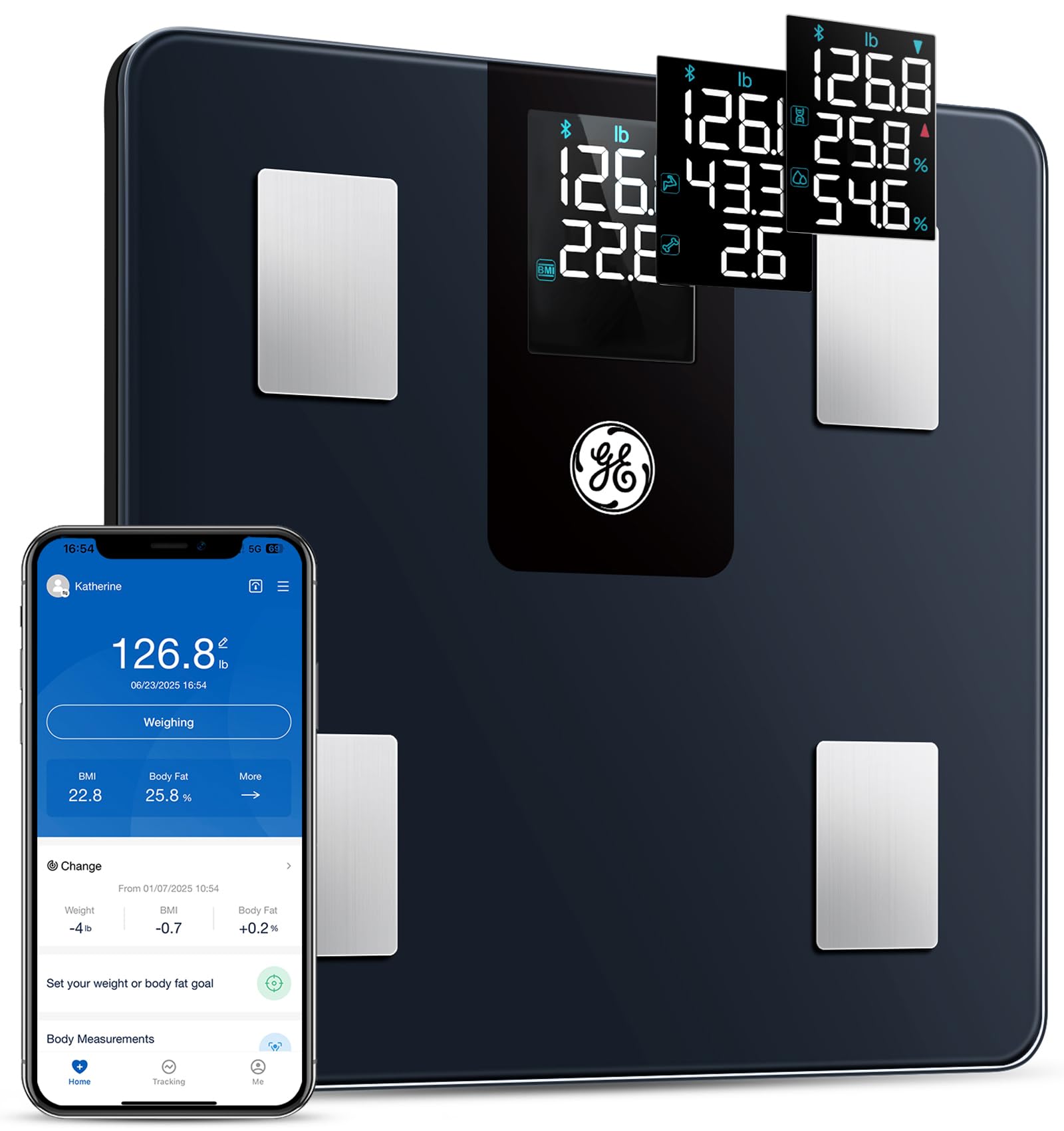 GESmart Scale for Body Weight BMI Fat Muscle Mass with All-in-one LCD Display, Digital Bathroom Weight Scales Bluetooth Body Composition Analyzer with App, Accurate Weighing, 400 lbs / 180 kg