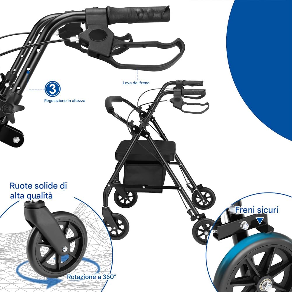 BAKAJI Andador plegable para ahorrar espacio con asiento para personas mayores, discapacitados y personas con movilidad reducida, andador con asas ergonómicas, asistencia con frenos y altura ajustable