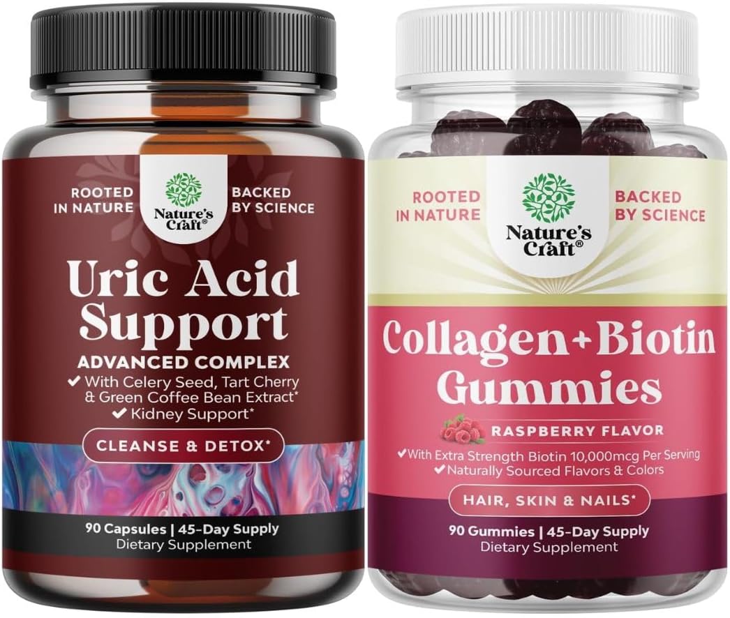 Bundle of Green Coffee Bean Extract for Uric Acid Cleanse & Detox with Turmeric, Tart Cherry & Celery Seed and Hair Skin and Nails Gummies for Women - Marine Collagen Biotin 10000mcg per Serving