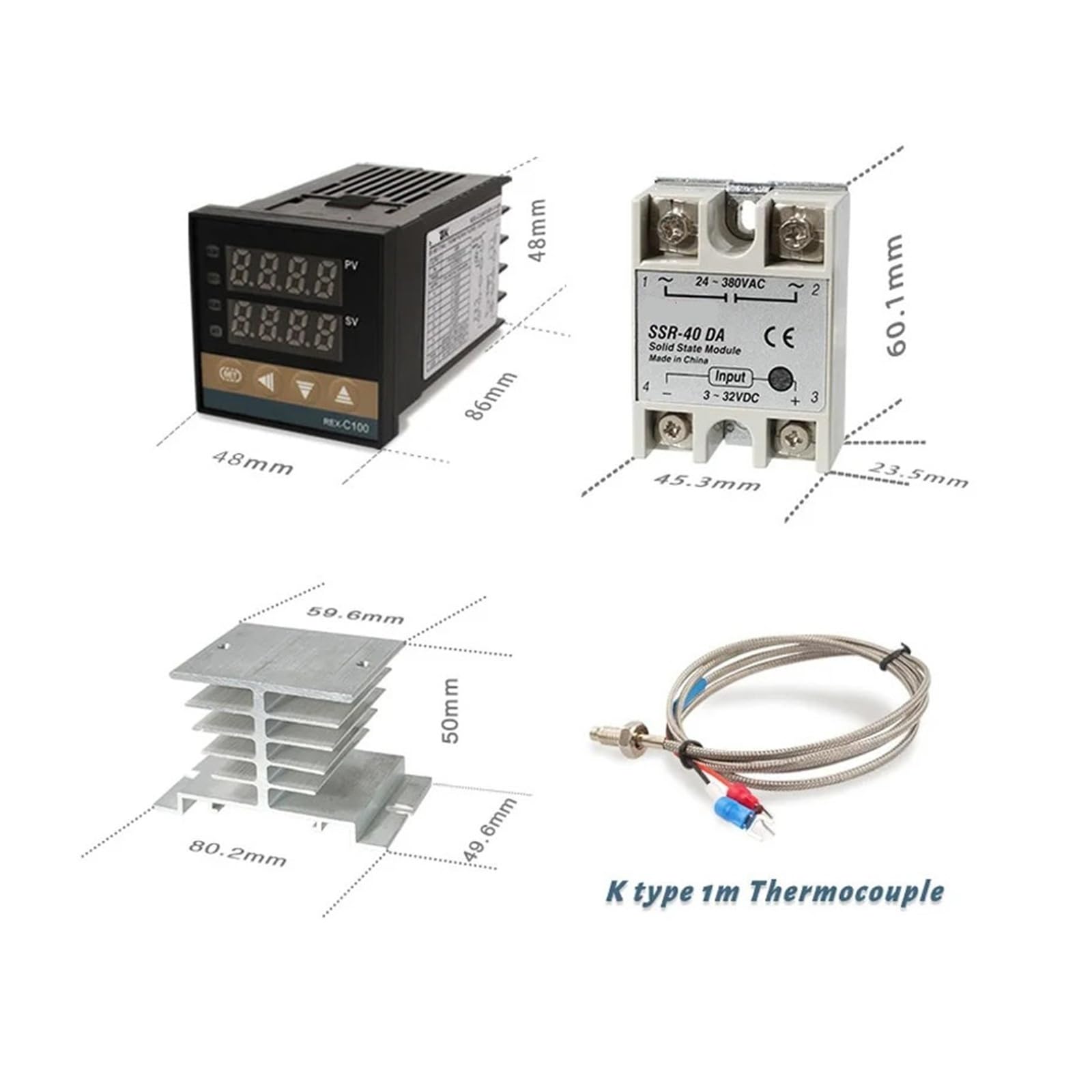 Regulator temperatury PID REX-C100, 220V, 400 stopni, termostat cyfrowy, wyjście 40 A, SSR, termopara typu K (zestaw 1 wyjście SSR)