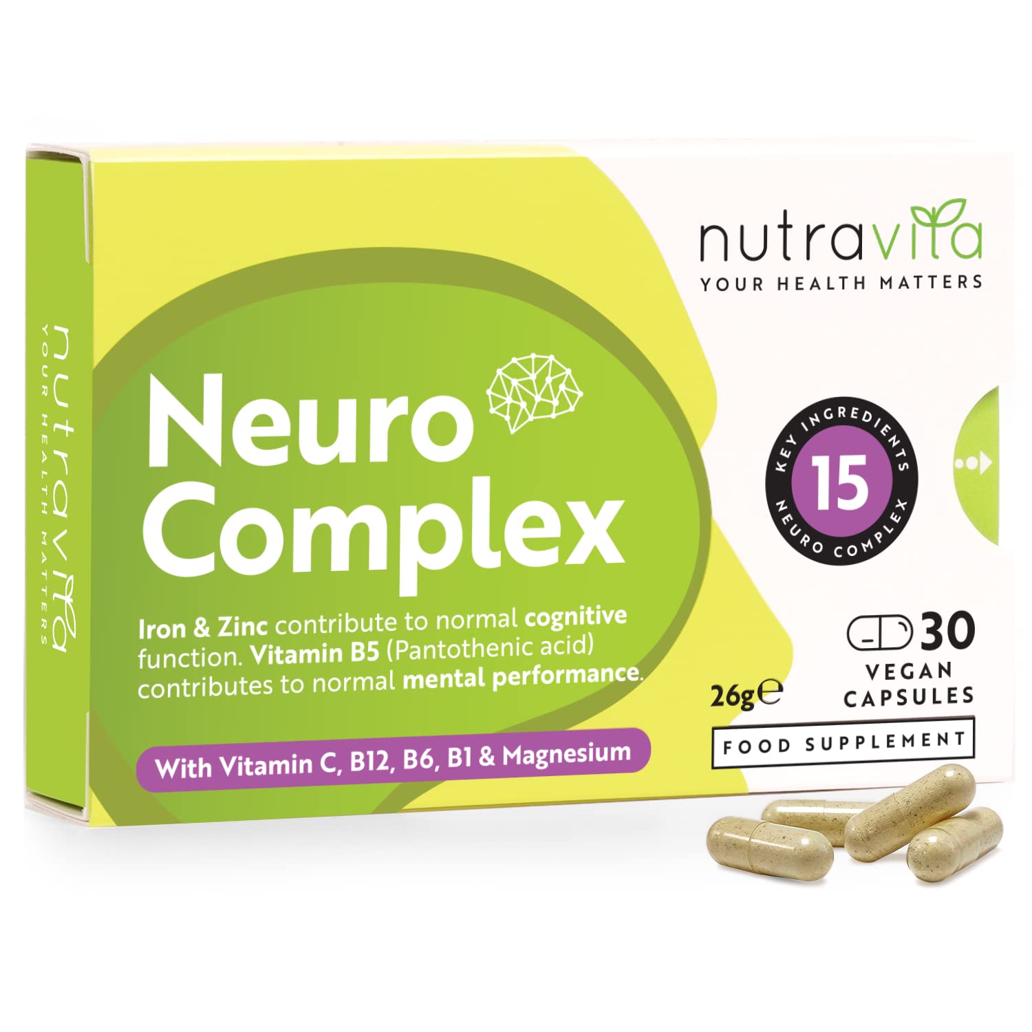 Neuro Complex Formulation with Iron, Vitamin B5, Magnesium & Zinc - Contributes to Normal Mental Performance - 30 Vegan Capsules Blended with 15 Key Ingredients - Nutravita