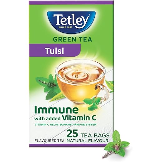 Tetley | Green Tea With Tulsi | Immune With Added Vitamin C | 25 Tea Bags, 30 Grams