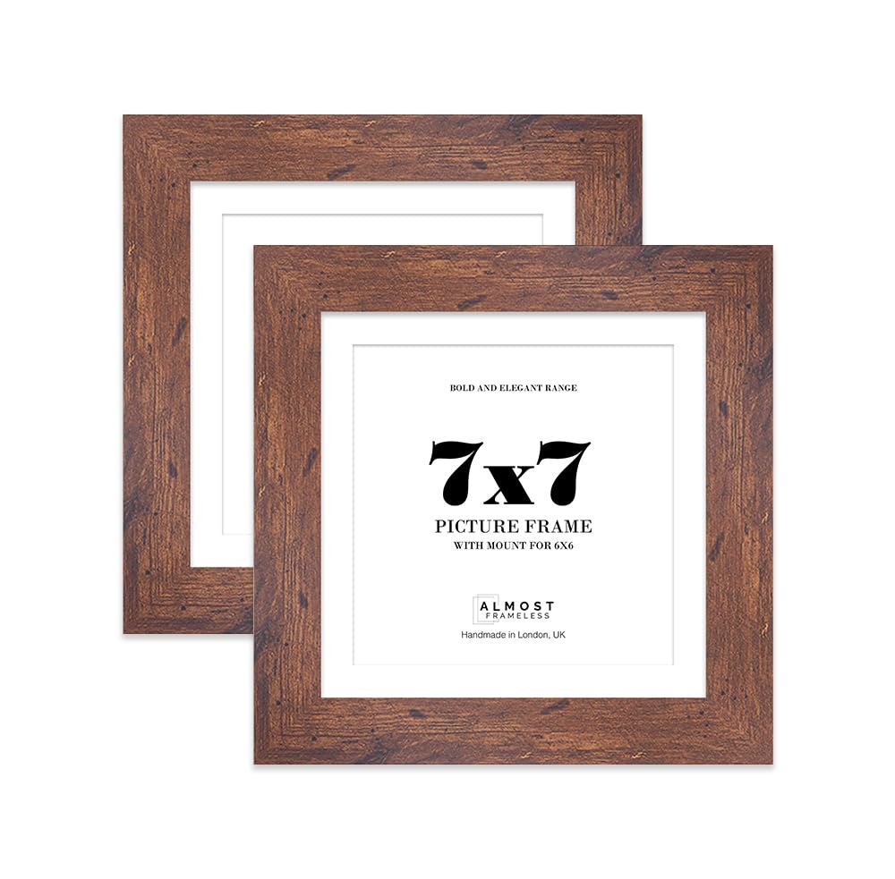 7x7" Rustic Wood Square Frame With Mount for 6x6" Pictures 28mm Edge Frame Display with Wall Hooks and Kickstand, 2 Pack