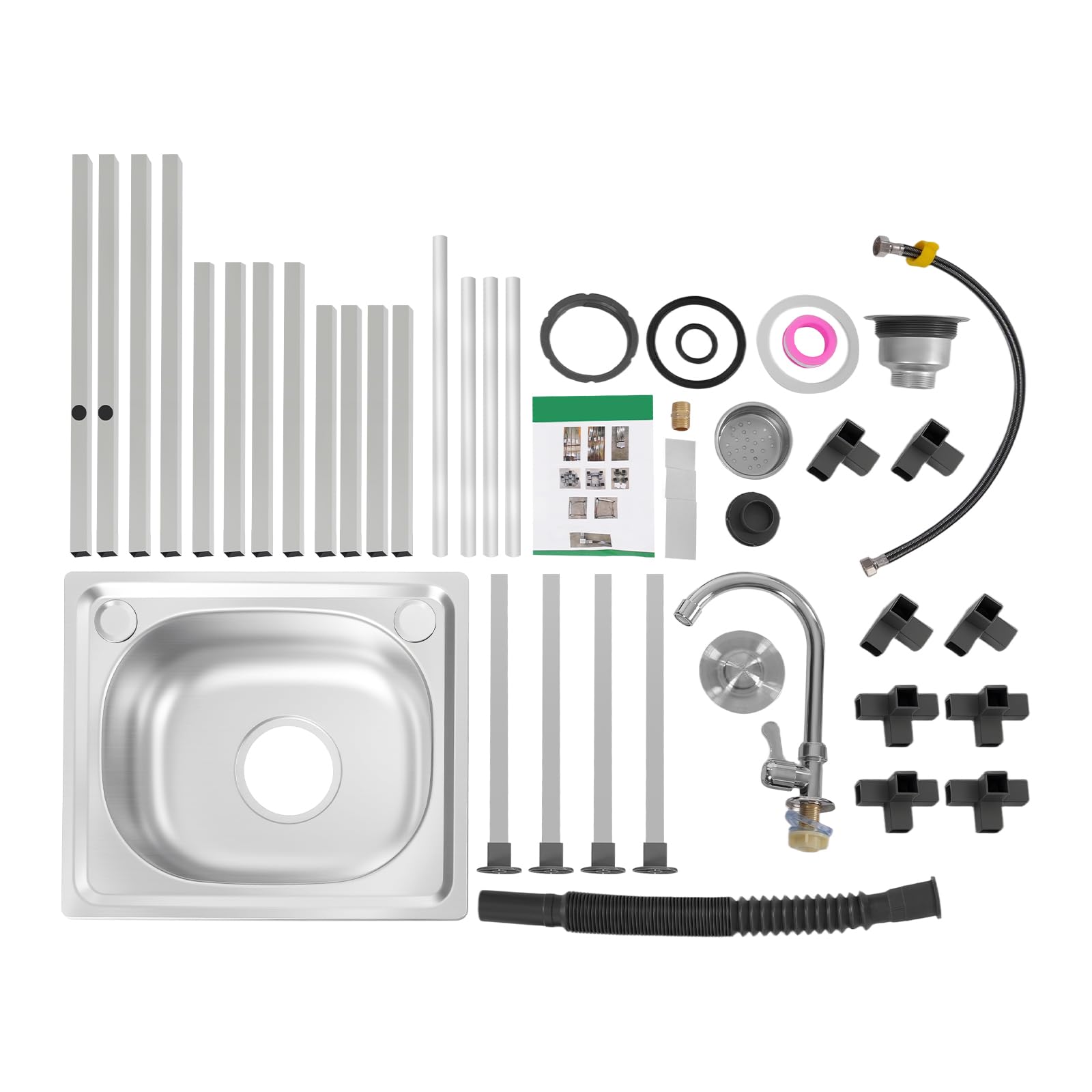 Lavabo Indipendente in Acciaio Inox, Lavello Per Cucina con Rubinetto Dell'acqua Fredda e Cestello Filtro, Lavello Da Esterno con Scarico, Massima 60 kg (38 x 33 x 83 cm)