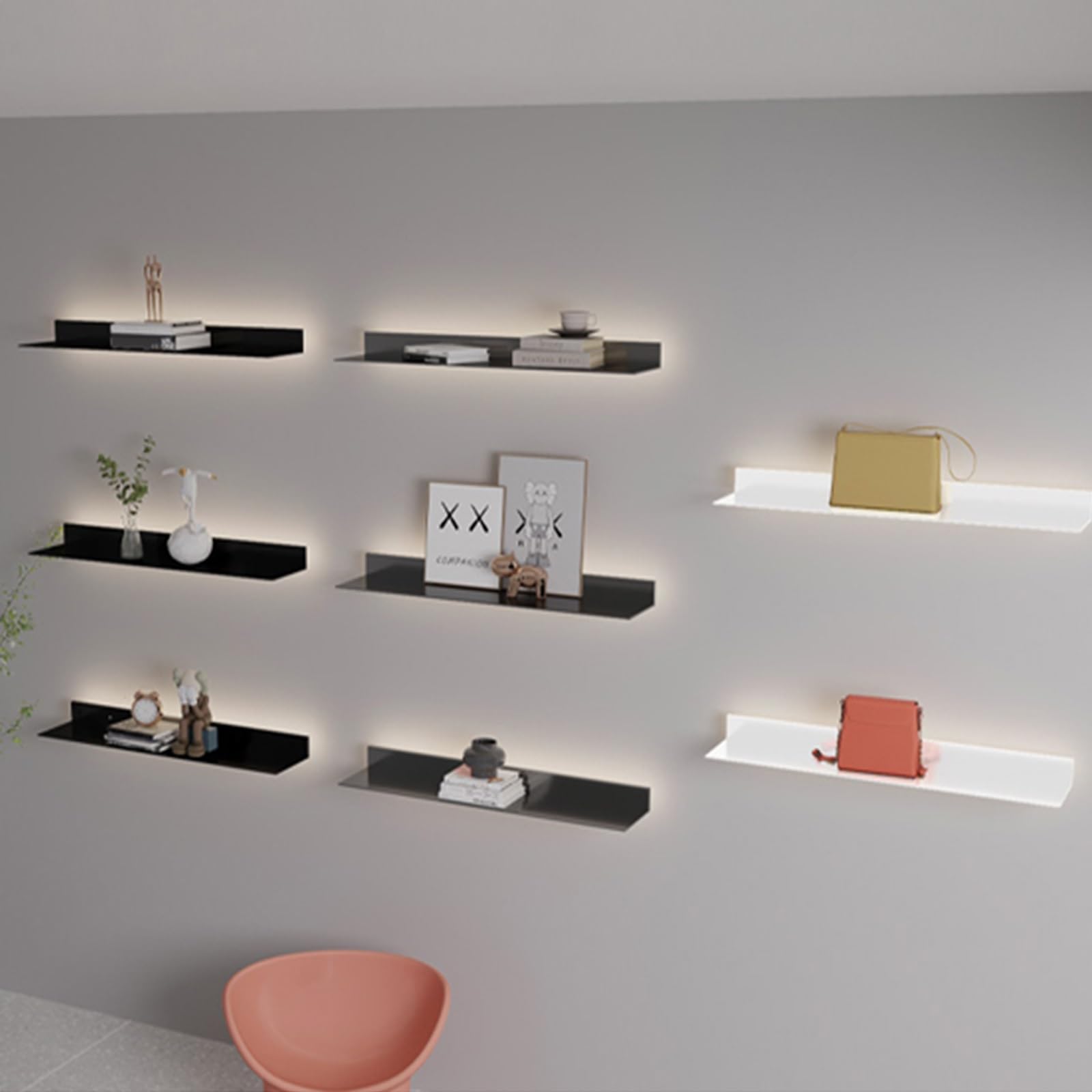 SHMSHNG Scaffale A Muro Senza Forare, Set Di 2 Mensole Galleggianti Nere 38cm, Acrilico, Per Casa, Cucina, Bagno (38x11x8cm - Foto 7