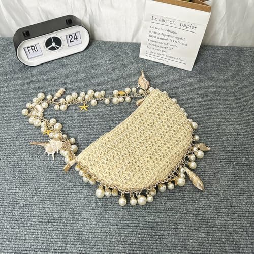 Image of Pearl Straw Clutch Purse for Women Summer Vacation Purses Beach Evening Bag Beaded Shell Handbag
