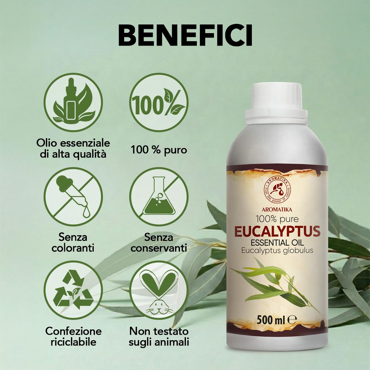 Olio Essenziale di Eucalipto 500 ml - Eucalyptus Globulus - Naturale e Puro - Olio essenziali per Diffusori - Profumi per la Casa - Saponi e Candele - Sauna - Aroma Eucalipto - Aromaterapia