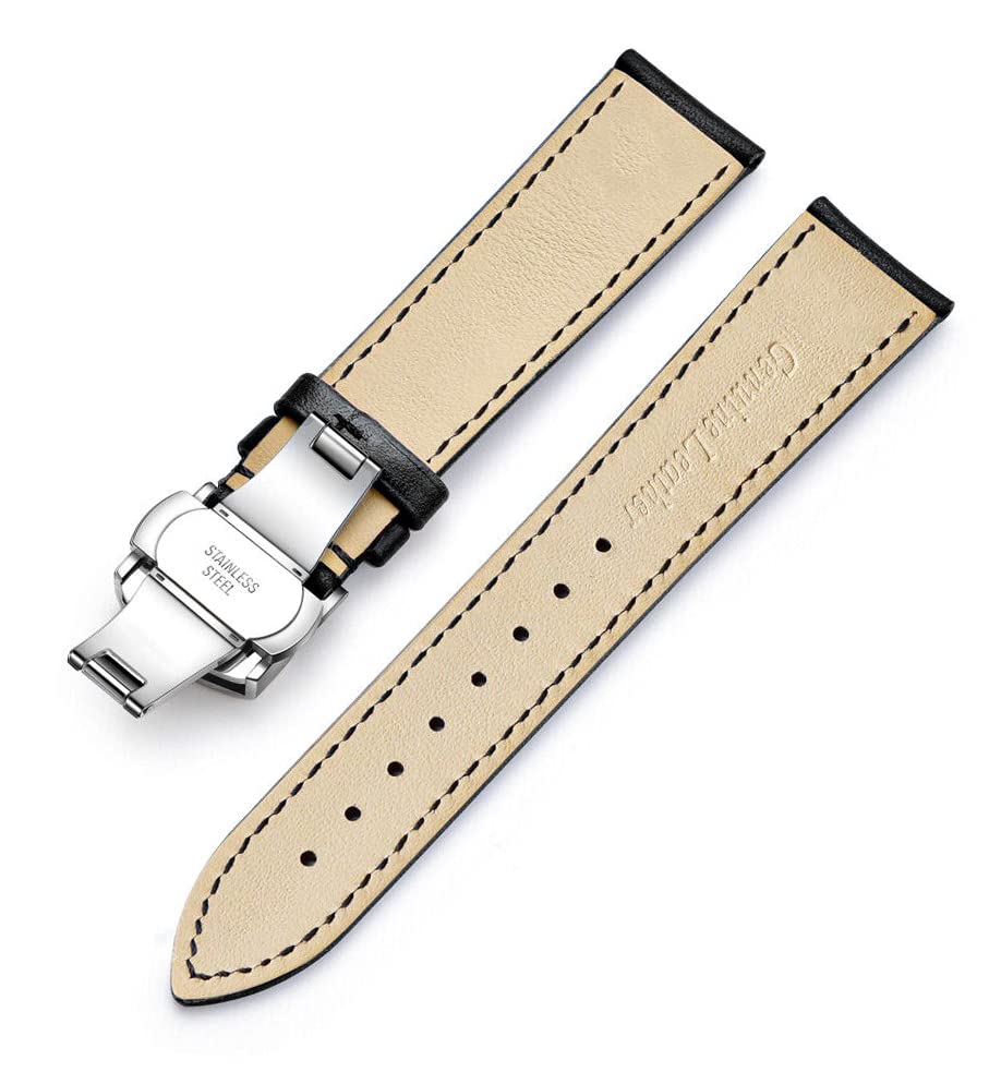 Image of 18mm 19mm 20mm 21mm 22mm 23mm 24mm Genuine Leather Butterfly Deployment Clasp Buckle Watch Band Strap Black Dark Brown TAN Blue Rose Black Gold White