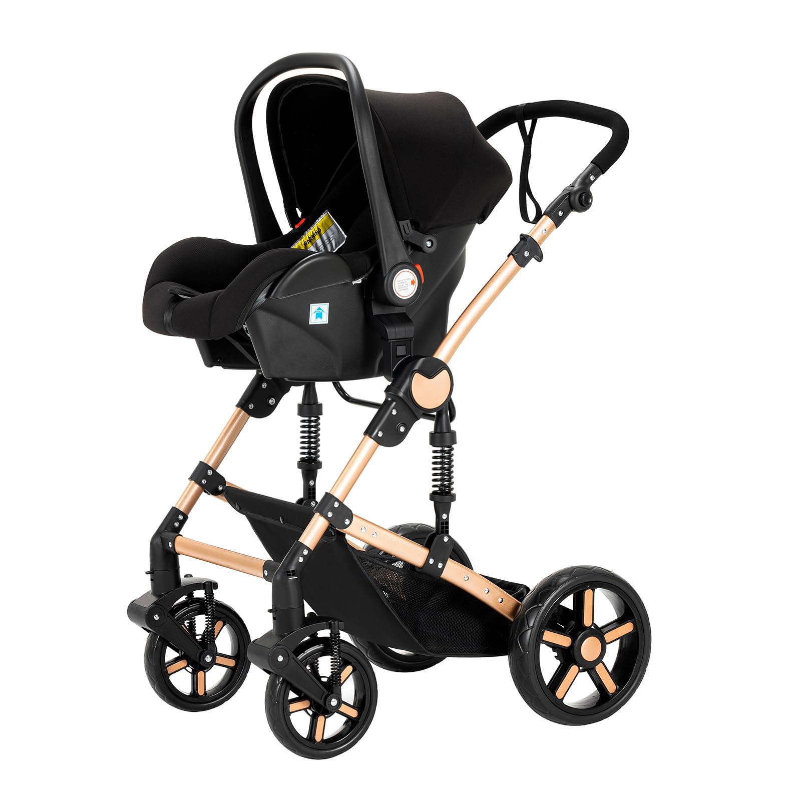 Carrito Bebe 3 en 1, Carrito Bebe con Diseño Portátil Plegable de Un Clic, Carro de Bebe 3 Piezas con Empuje Reversible de Dos Vías, Cochecito Bebe 3 Piezas con Accesorios (588 Black Gold)