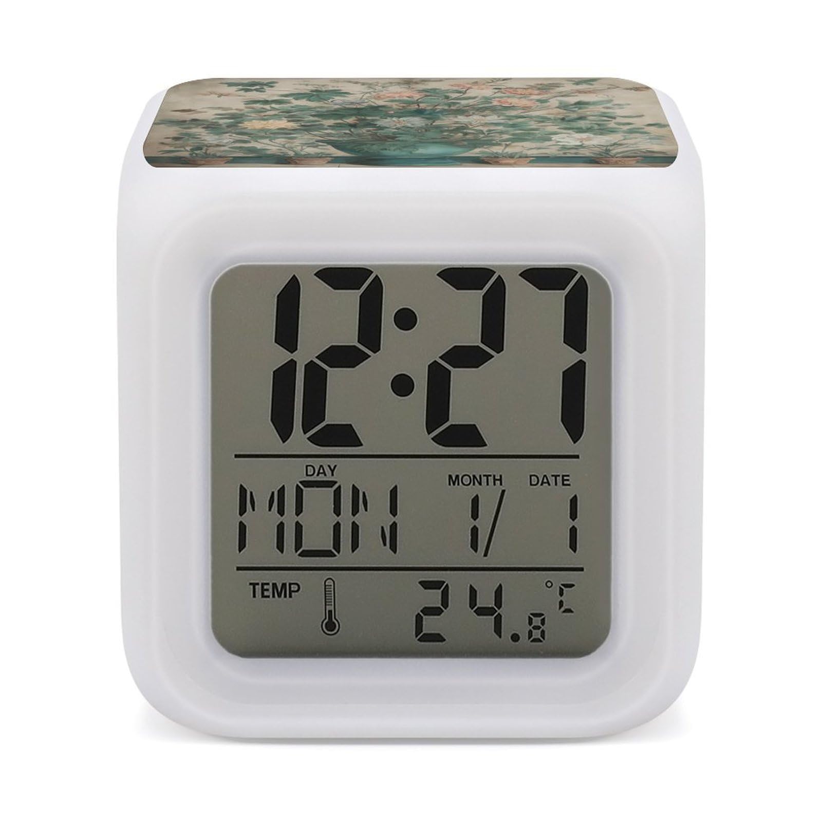VstaDank A Watercolor Flower Painting Alarm Clock with 7 Color Changing Night Light Date Temp Display Wake Clocks LED Display Digital Clock Electric Desk Clocks for Living Office Bedroom Decor