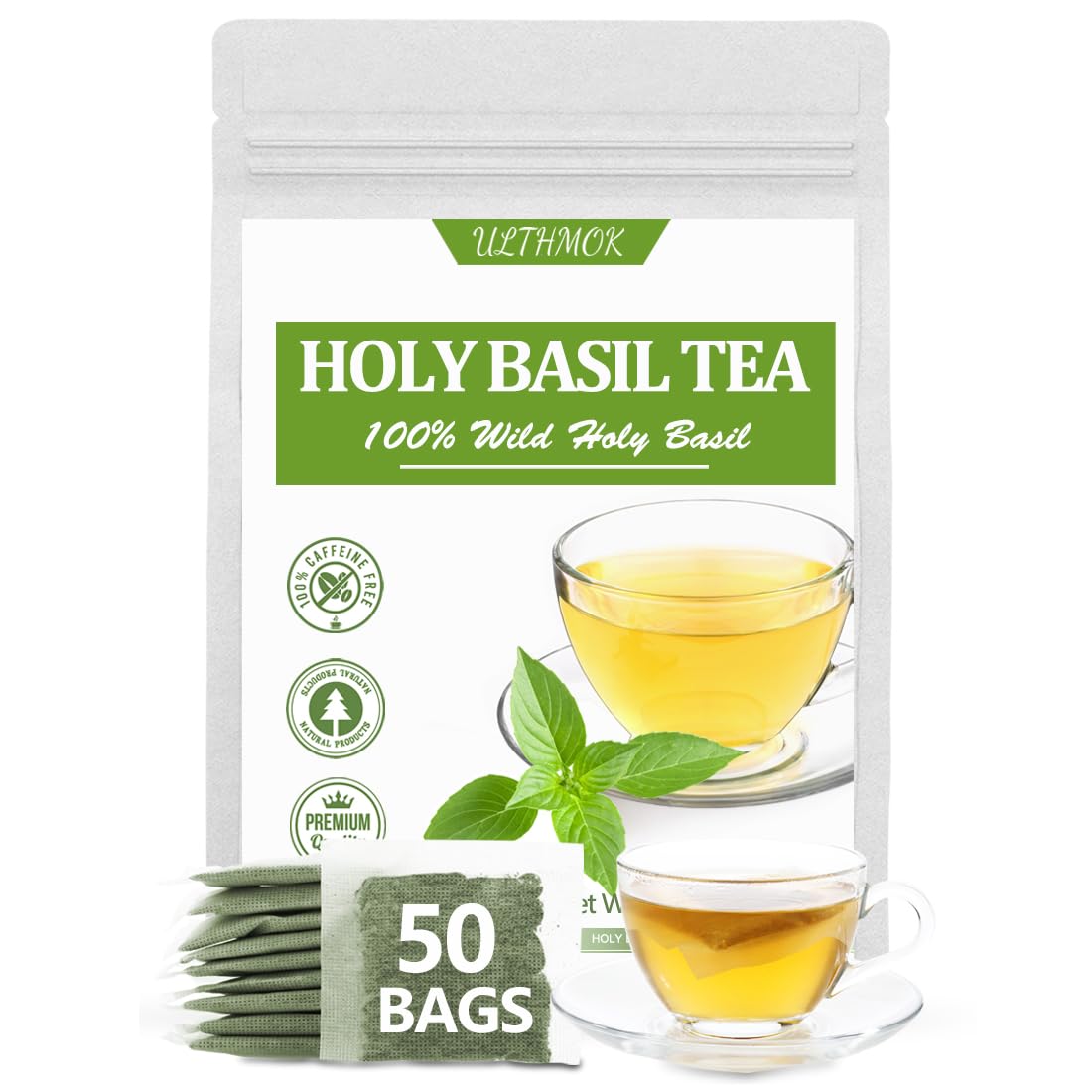 Premium 50 Holy Basil Tea Bags, Made with 100% Natural Tulsi Wild Holy Basil Leaves, No Additives & Caffeine Free.