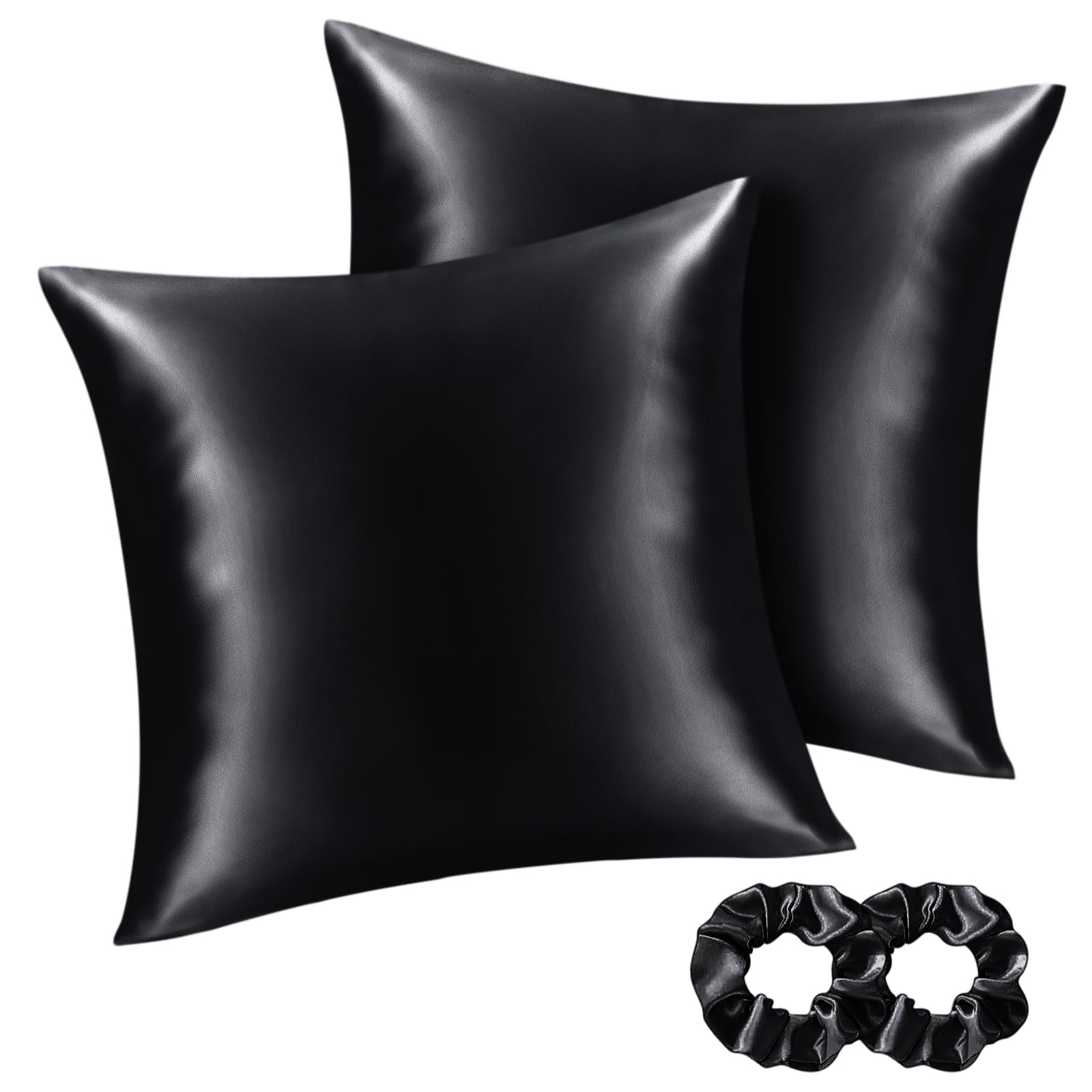 BEDELITE Satin Kissenbezug 80x80 Schwarz - Kopfkissenbezug 2er Set Weich wie Seidenkissenbezug 80 x 80 Sommer mit 2 Haargummis für Haar und Haut, Similar to Silk Pillowcase Pillow Cover