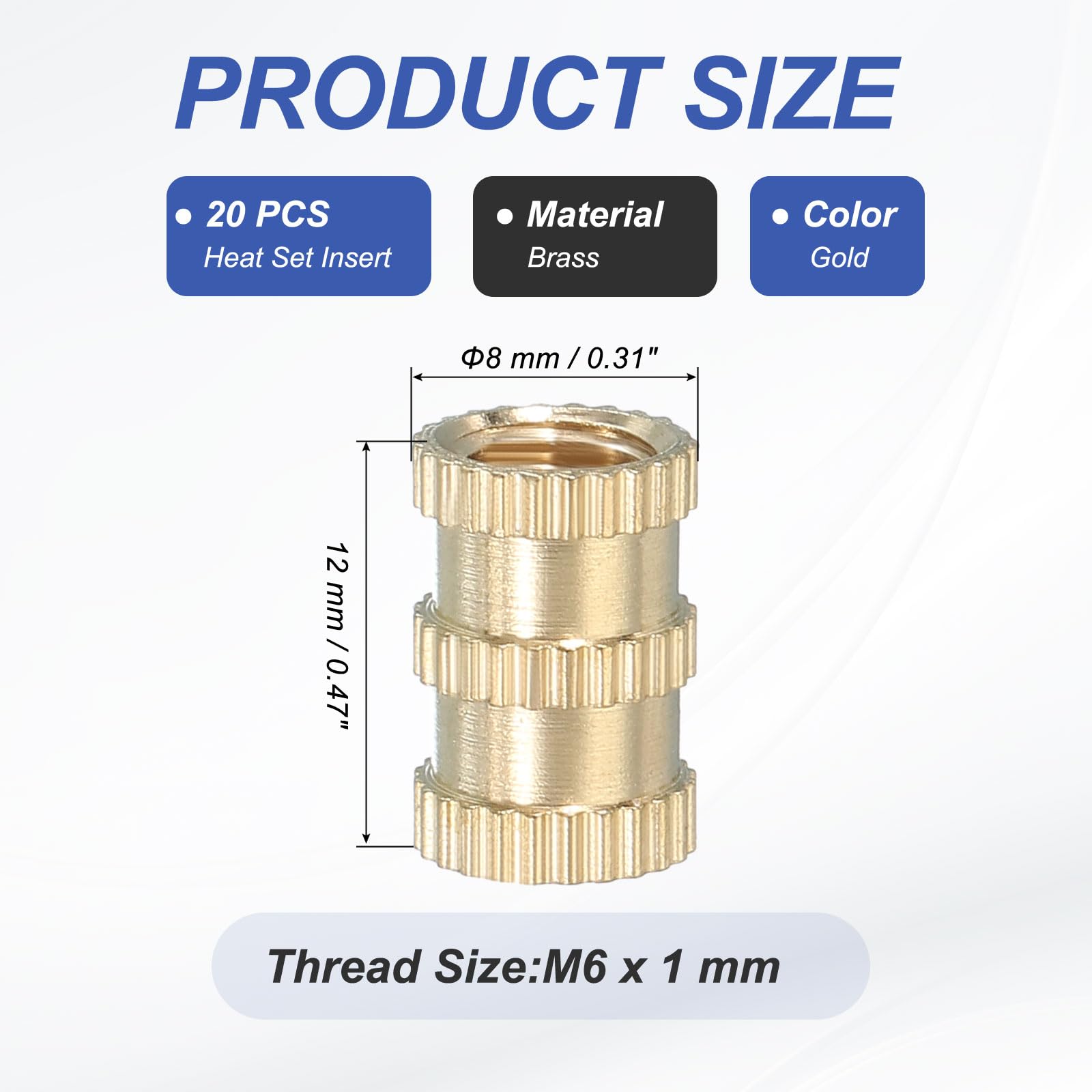 PATIKIL M6 Threaded Inserts, 20 Pcs Female Metric Brass Knurled Nuts Heat Set Insert for Plastic 3D Printing Components (M6x12x8mm) - Image 2