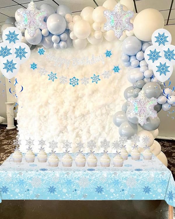 Winter Wonderland Birthday Party Decorations - 25PCS Set | Snow Princess Kit with Snowflake Foil Balloon, Banner, Tablecloth, Latex Balloons & Cake Toppers | Winter Snow Birthday Supplies by Fêteclairre - Used condition - Image 5