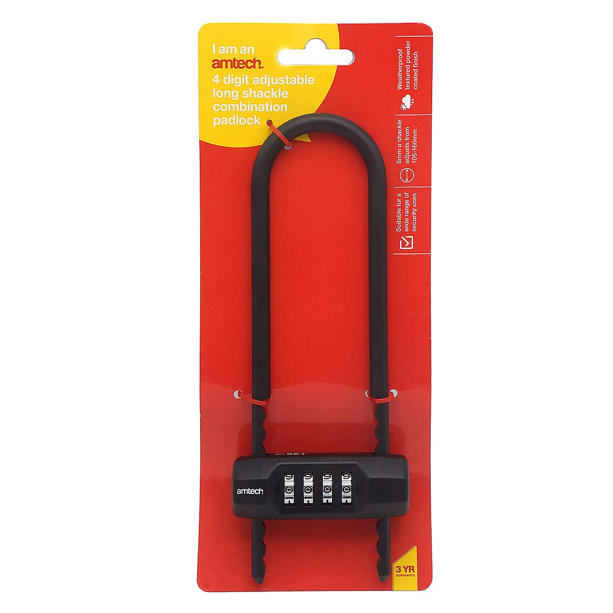 Amtech T1888 - Candado de combinación de grillete largo ajustable de 4 dígitos, color negro