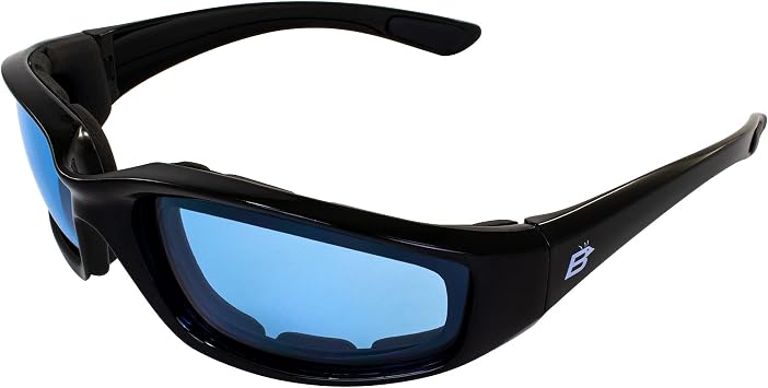 Birdz Eyewear Oriole Motorcycle Cycling Airsoft Padded Glasses Black Frame with Light Blue Tint Lens Has comfortable foam padding to fit snug to your face and protect against wind and dust.