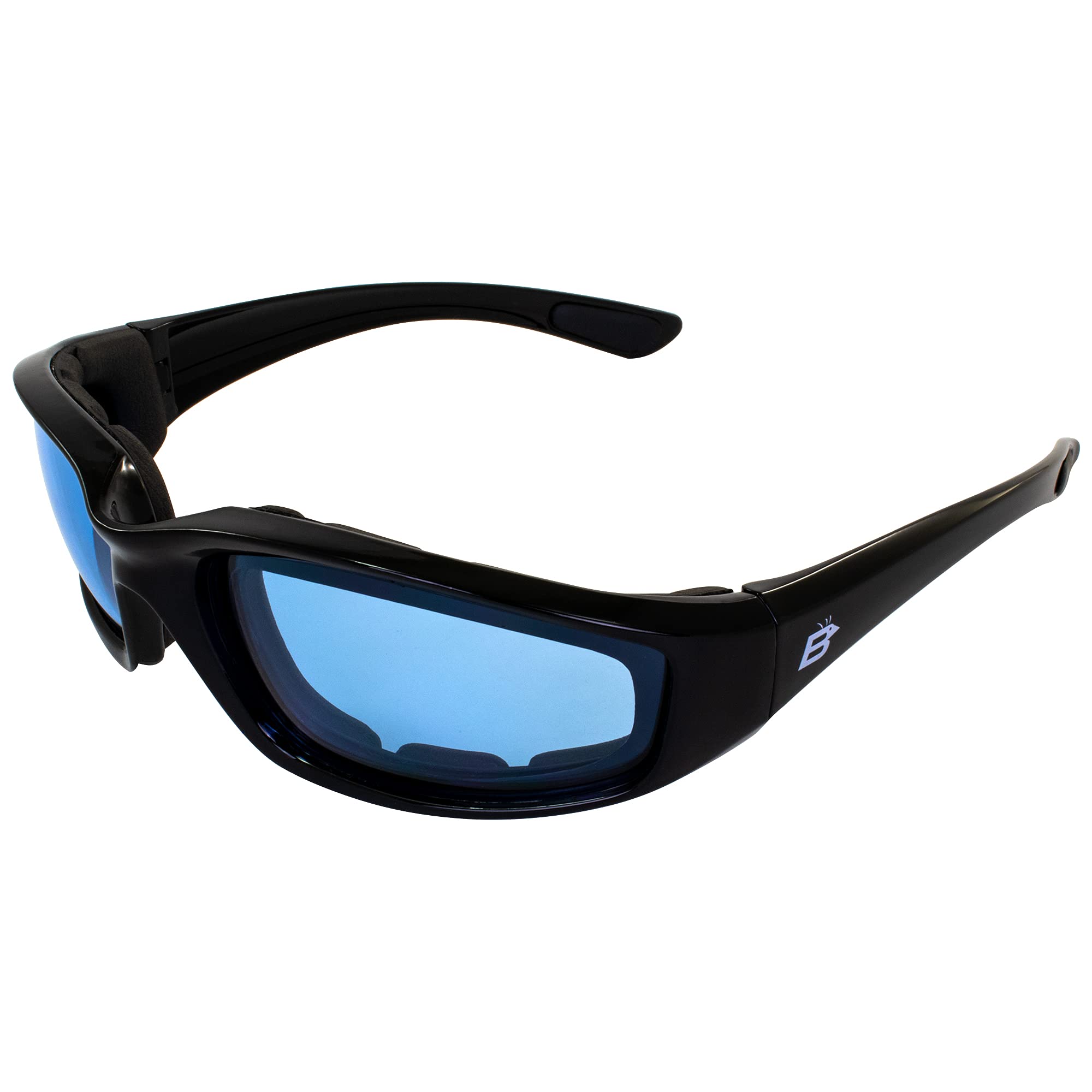 Birdz Eyewear Oriole Motorcycle Cycling Airsoft Padded Glasses Black Frame with Light Blue Tint Lens Has comfortable foam padding to fit snug to your face and protect against wind and dust.