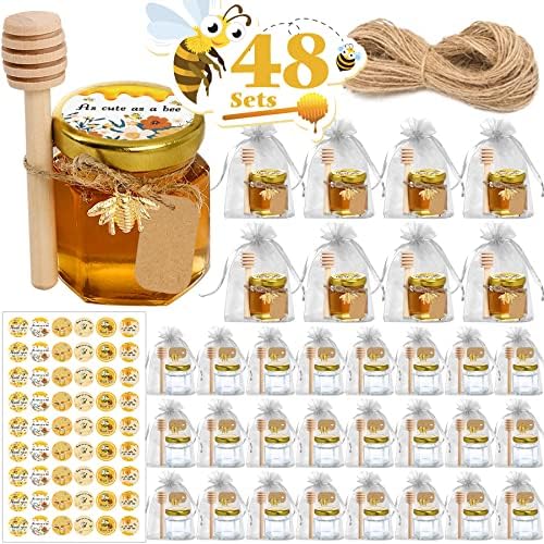 Aliggbent Honey Jars, 48 Pack Mini Honey Jars Party Favors in Bulk, 1.5 oz Small Hexagon Glass Honey Jars with Dipper,Bee Stickers, Gold Lid, Cute Bee Charms, Gift Bags and Jute,Suitable for Baby Shower, Wedding Party(Not Include Honey)