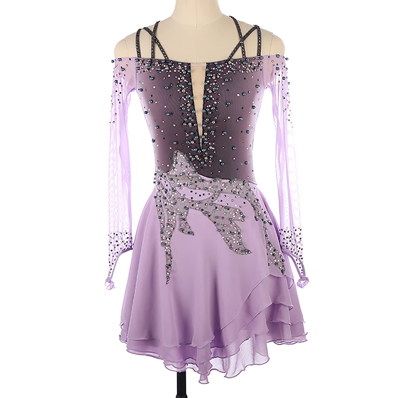 Vestido de Patinaje Artístico para Niña Manga Larga Maillot Lentejuelas de Danza Ballet Leotardo Gimnasia Rítmica Competición Disfraz de Bailarina(Size:3XS/110,Color:Rosado Morado)