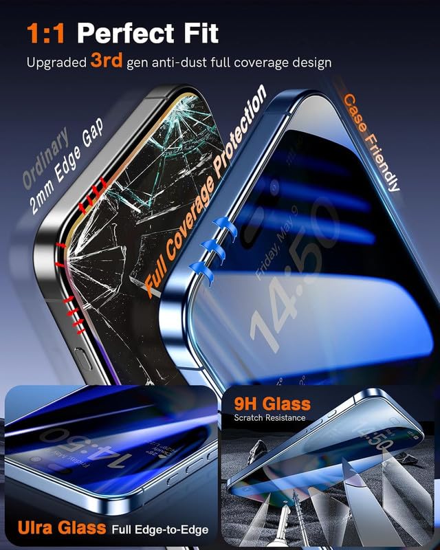 Image of OHAYO Privacy Tempered Glass Screen Protector Compatible with iPhone 15 Plus - Anti-Spy Filter, 9H Hardness, HD Clarity, Bubble-Free Installation, Case Friendly, Fingerprint Resistant