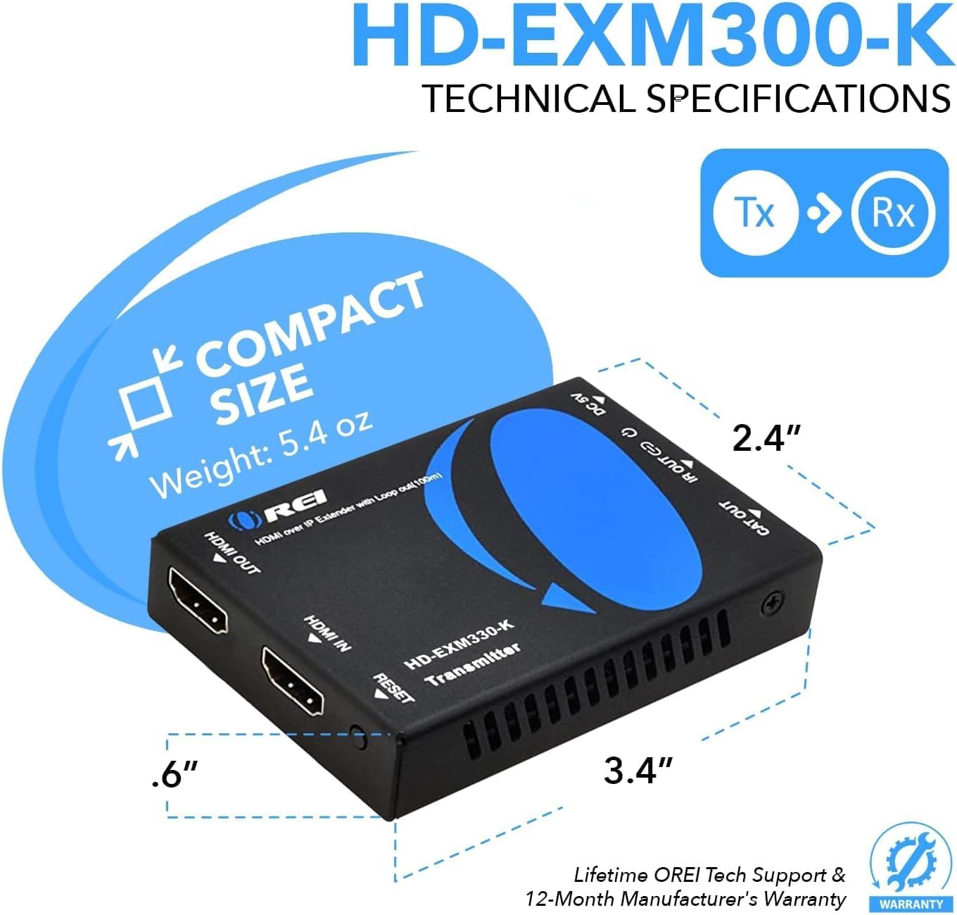 Orei Extender HDMI su cavo Ethernet singolo CAT6/CAT7 supporta 1080p @ 60Hz, 3D, audio HD con IR - fino a 196 FT (EX-196PRO-KIT)