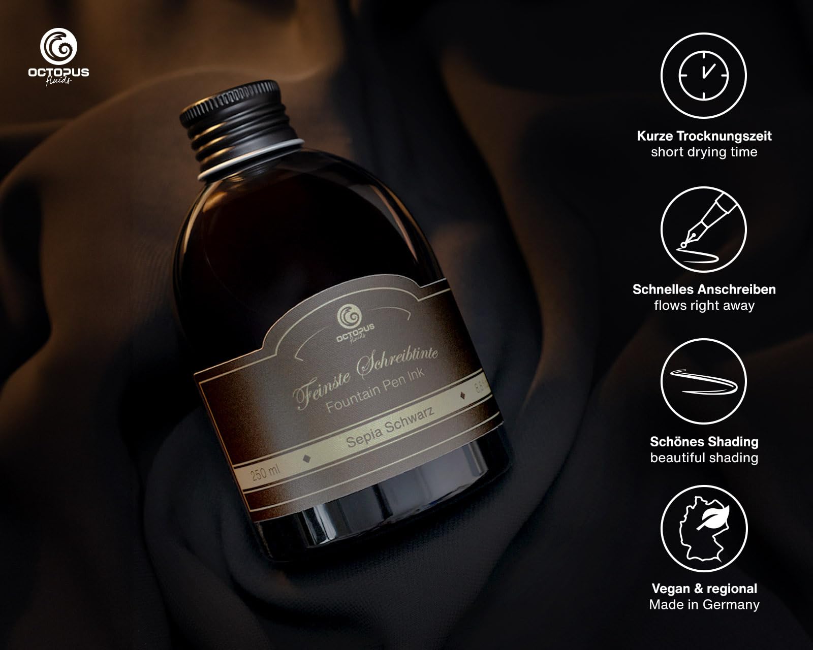 Octopus Fluids Classic Sepia Black pióro wieczne - zestaw z wkładem o pojemności 250 ml i konwerterem atramentu, wysokiej jakości tusz do pisania do piór wiecznych i piór