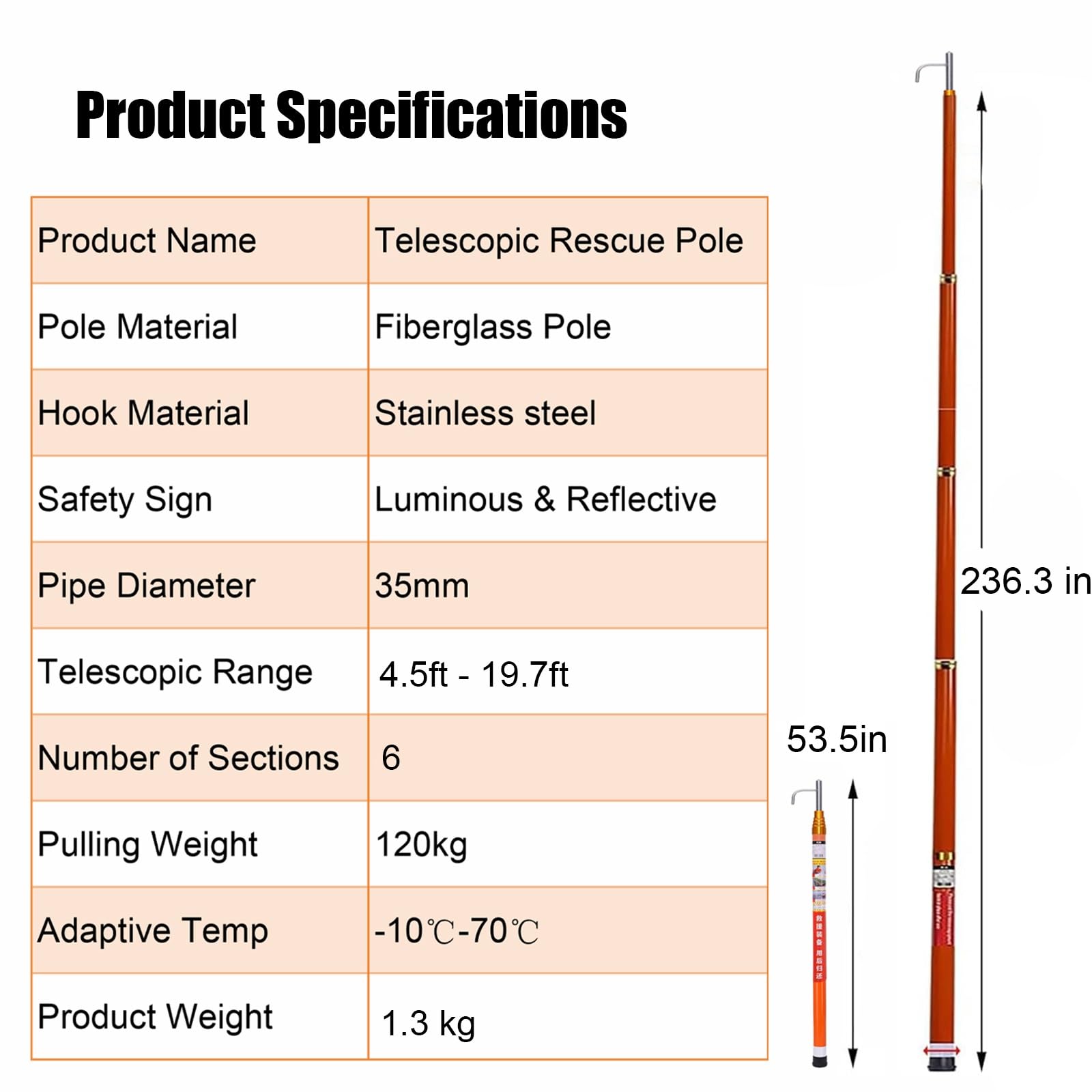 WDJBPSH Orange Push Pole with Stainless Steel Hook, Life Raft/Boat/Yacht/Motorboat/Pool Water Salvage Tools, Telescoping Emergency Life-Saving Rescue Rod, Luminous Reflective(53.5in - 236.3 in)