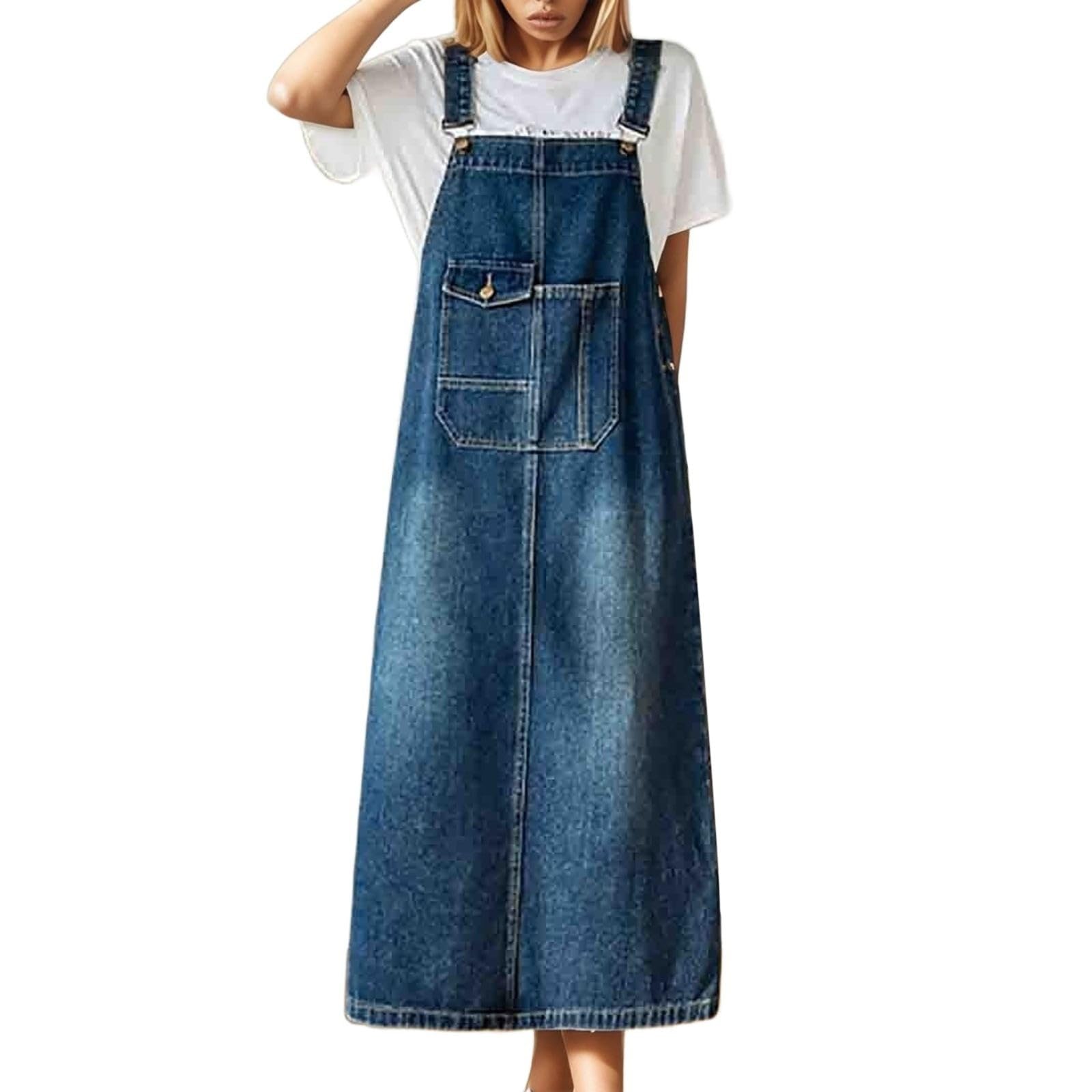 Générique Robe Femme Chic et Elegant Ete Robes pour Femme Longue Robe Salopette en Jean décontractée, Coupe Ample, Style coréen, Polyvalente, Longueur midi, Amincissante