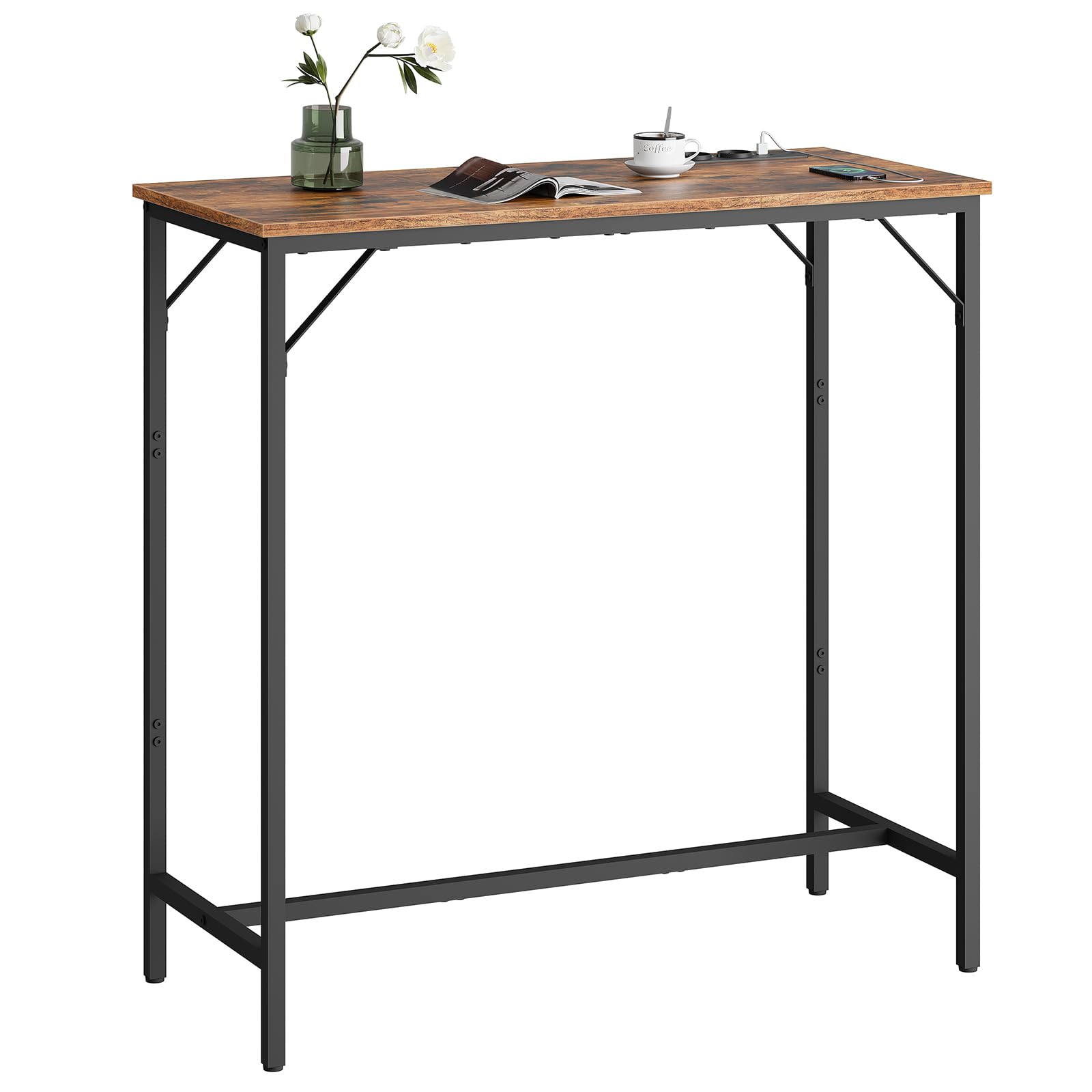 HOOBRO Tavolo da Bar Rettangolare Stretto, Tavolo da Cucina con Presa, Tavolo da Pranzo Alto, con Barra Inferiore, Struttura Triangolare, Altezza Elevata, Stile Vintage, Marrone Vintage EBF90CBT01