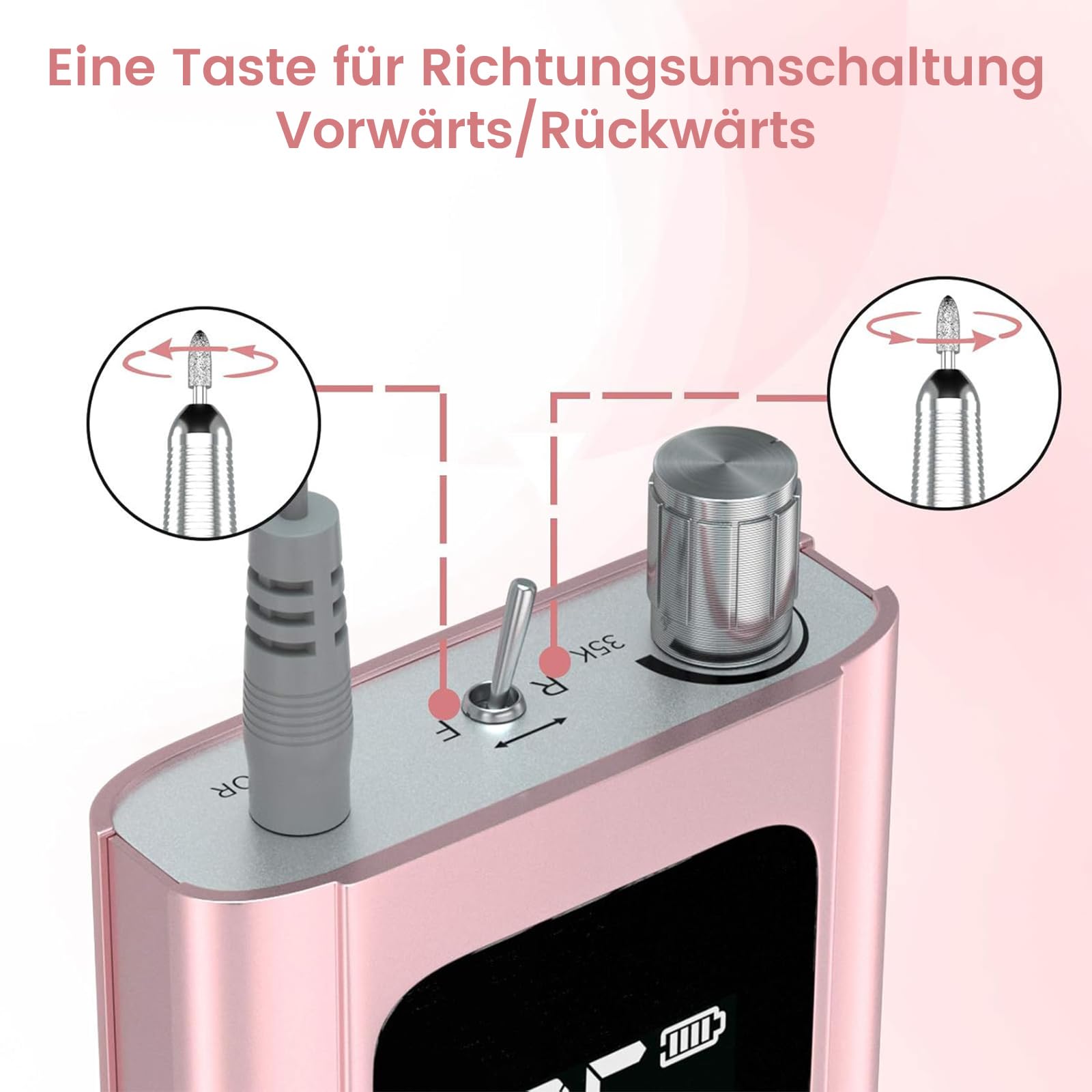 Elektrische Nagelfräser 35000 U/min, Delanie Wiederaufladbare Fräser für gelnägel Nagellack, Maniküre set Elektrische Nagelfeile mit Nagel bits, Einstellbare Geschwindigkeit und Richtung -rosagold