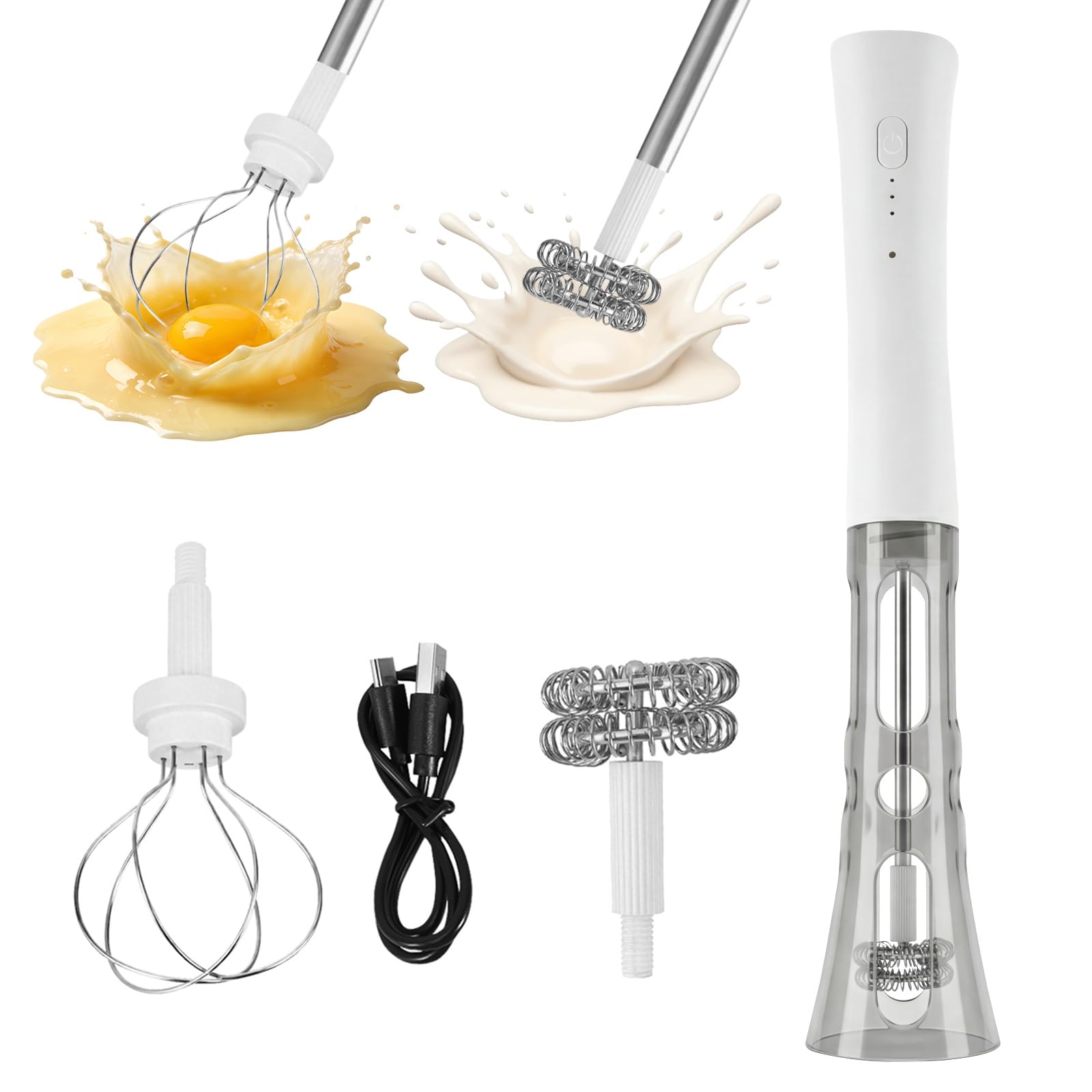 Electric Matcha Whisk with Stand & 3 Speeds, Rechargeable Handheld Milk Frother for Aerolatte, Portable Coffee Mixer Whisk with Powerful Motor (White)
