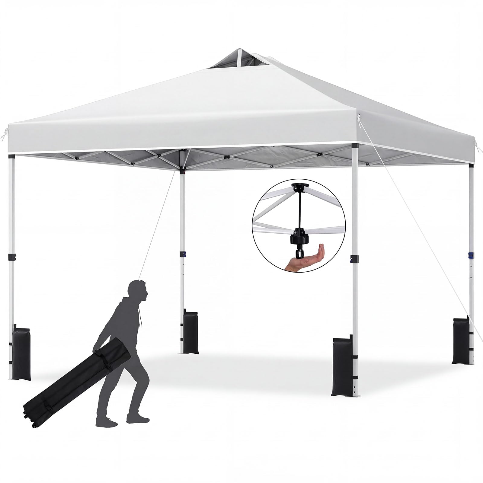 TANGZON 3 x 3 m Pop Up Canopy Tent, Easy Up Gazebo with One Button Centre Lock, Height Adjustable Event Shelter with Roller Bag, Sandbags, Guy Ropes and Stakes, Portable Party Tent (White)