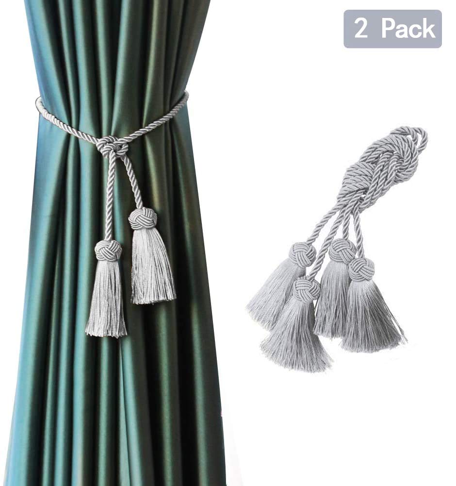BEL AVENIR 2 Pack Curtain Handmade Tiebacks Decorative Curtain Holdbacks with Tassel (Silver, 2 Pack)