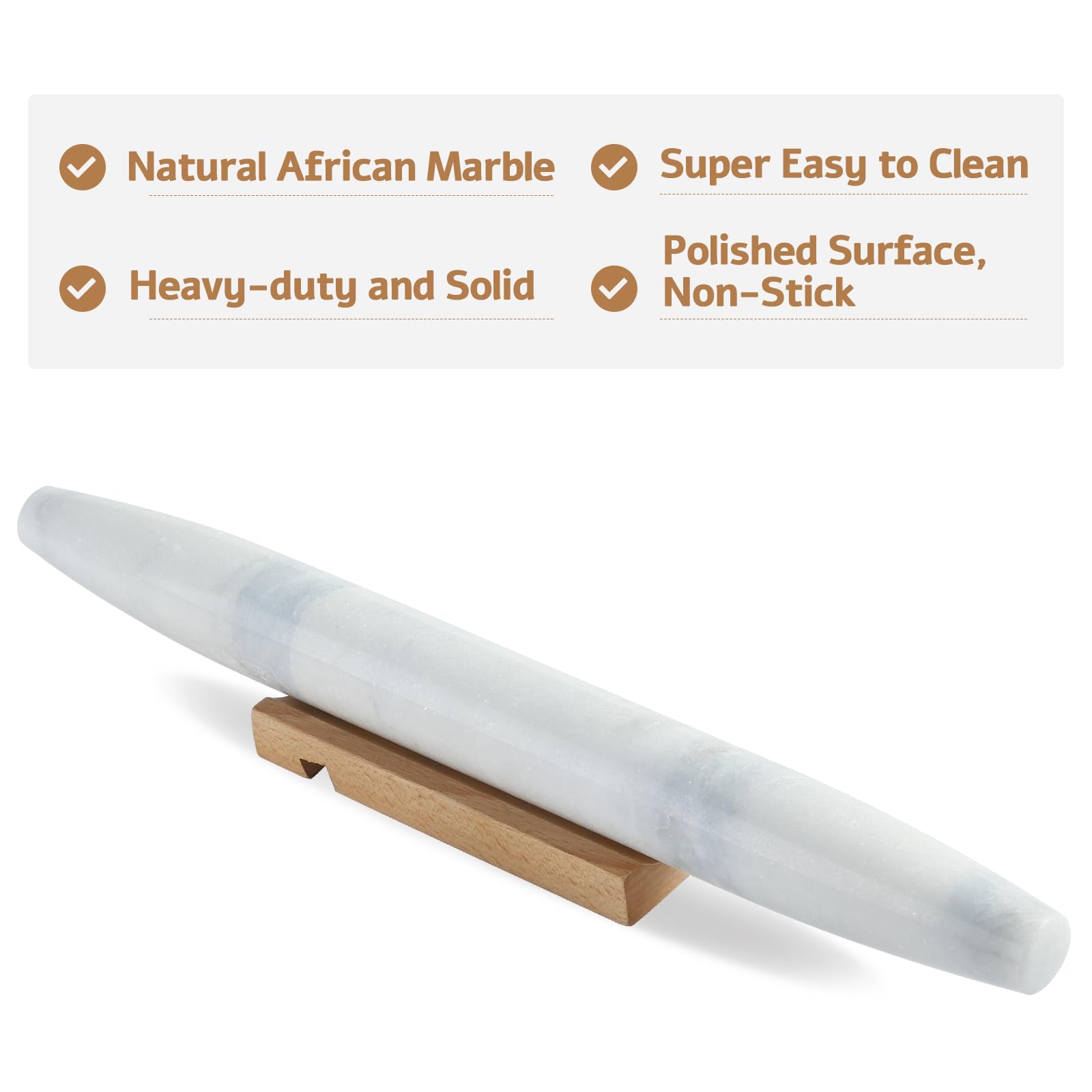 Koville Französisches Nudelholz aus afrikanischem natürlichem Marmor, 40,6 cm, antihaftbeschichtet, zum Backen, Teigroller für Nudeln, Knödel, Fondant, Kuchen, Brot, Pizza, Küchen-Backwerkzeuge (Namib