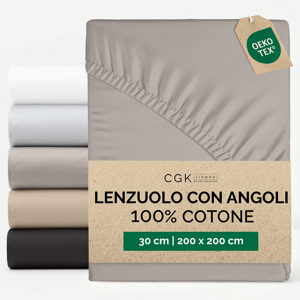 Lenzuolo con angoli 200x200cm - 100% cotone - Lenzuolo con angoli per materassi fino a 30 cm altezza - Biancheria premium 400 fili cotone - Certificato OEKO-TEX - Confezione singola - Grigio chiaro