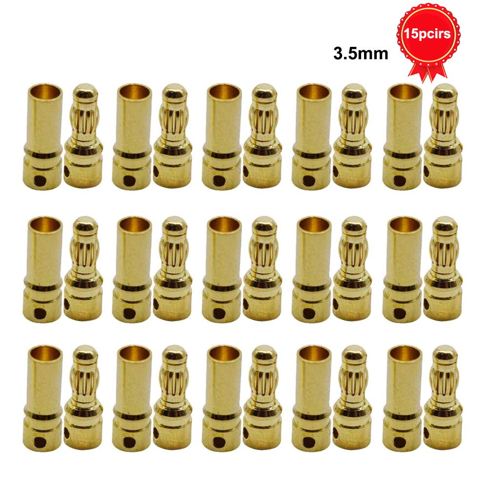 GTIWUNG 15 par pozłacanych wtyczek bananowych, 3,5 mm, do silnika, bezszczotkowy silnik ESC, pozłacane wtyczki bananowe, wtyki kulowe (15 szt. 3,5 mm męski wtyk + 15 szt. 3,5 mm wtyk żeński 3,5 mm)