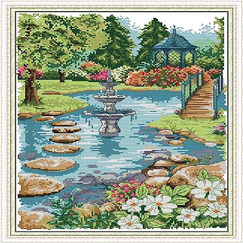 Image of Howie's Needlepoint Cross Stitch Kits, 14CT Pre-Printed Pattern Needlepoint Kits, Full Range of Stamped Starter Kits (Waterfront Garden, 13 x 17 Inch)